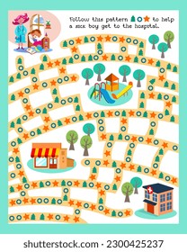 Maze game, activity for kids. Puzzle for children. Follow the pattern, draw line. Cute doctor and sick boy in room. Hospital and city buildings. Vector illustration.