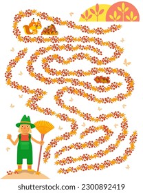 Juego de Maze, actividad para los niños. Rompecabezas para los niños. Ayudar al jardinero a limpiar el camino más largo de hojas secas. Ilustración vectorial.