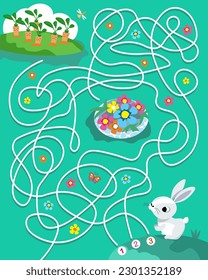 Juego de Maze, actividad para los niños. Rompecabezas para los niños. Dibuja todos los caminos. ¿Qué camino numerado llevará al conejito a la zanahoria? Ilustración vectorial.