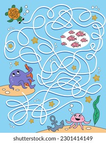 Juego de Maze, actividad para los niños. Rompecabezas para los niños. ¿A quién visita la tortuga? Criaturas marinas bajo el agua en el mar. Dibuja todos los caminos. Ilustración vectorial.