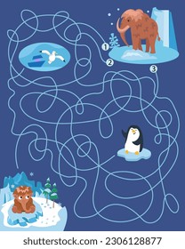 Juego de Maze, actividad para los niños. Rompecabezas para los niños. Ayuda a mamá a encontrar el cachorro. ¿Qué pista numerada llevará a la madre al bebé? ¿El pájaro? ¿El pingüino? С a un mamut bebé en el hielo. Ilustración vectorial.