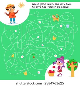 Maze game, activity for kids. Puzzle for children. Which path must the girl take to give the farmer an apple? Draw all paths. Farm and food. Vector illustration.