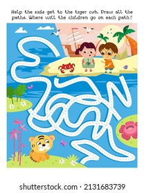 Maze game, activity for kids. Vector illustration. Help the children to get to the tiger cub. Draw all the paths. Where will each path lead?