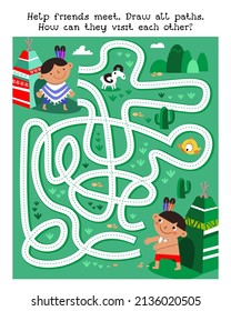 Maze game, activity for kids. Vector illustration. Help friends meet. Draw all paths. How can they visit each other? 