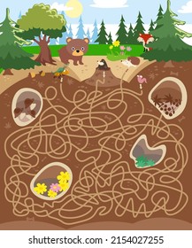 Maze Game, Activity For Kids. Vector Illustration. Help The Animals Find Their Homes. Forest Life, Underground Life. Burrows And Tunnels.