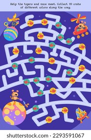 Maze game, activity for kids. Vector illustration. Space and planets with animals. Help the tigers and mice meet. Collect 10 crabs of different colors along the way. 