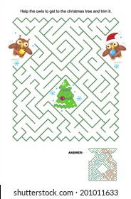 Maze game or activity page: Help the owls to get to the christmas tree and trim it. Answer included. 