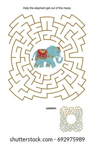 Maze game or activity page: Help the elephant get out of the maze. Answer included.
