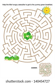 Maze game or activity page for kids: Help the little hungry caterpillar to get to the yummy green breakfast. Answer included. For high res JPEG or TIFF see image 140454724