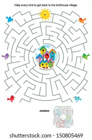 Maze game or activity page for kids: Help every bird to get back to the birdhouse village. Answer included. For EPS format see image 150805469