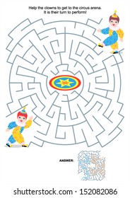 Maze game or activity page for kids: Help the clowns to get to the circus arena. It is their turn to perform! Answer included. For high res JPEG or TIFF see image 152082089