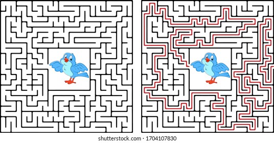 Maze game or activity page for kids Help every bird to get back to the birdhouse village. Answer included.