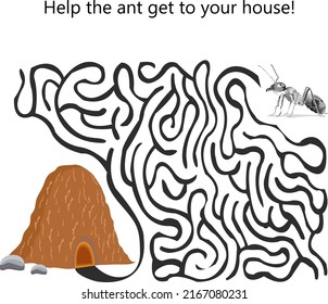 Maze Spiel mit Ameise. Cartoon Labyrinth Education Puzzle. Hilf der Ameise, zu deinem Haus zu kommen! Aktivitätsblatt für Vektorkinder.