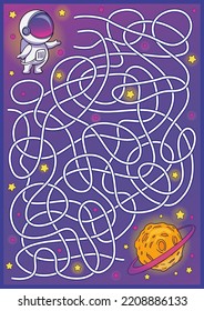 Maze game with astronaut. Labyrinth with cute cartoon cosmonaut and space planet. Children education activity page and worksheet for kids. Cosmic vector illustration.