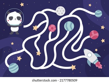 Maze game with astronaut panda in space. Help the bear find right way to his spaceship. Kawaii cartoon animal. Puzzle for children. Printable worksheet with labyrinth. Vector illustration.