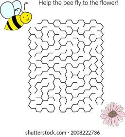 Maze game with bee. Cartoon labyrinth education puzzle. Find path for bee to the flower. Vector kids activity worksheet.