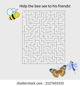 Maze game with bee. Cartoon labyrinth education puzzle. Help the bee see to his friends. Vector kids activity worksheet.