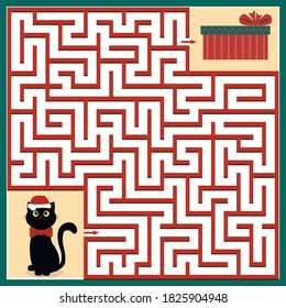 Maze game black kitten in Santa Claus hat must find the way to the gift, color vector illustration in flat style, education, development, entertainment