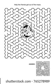 Maze game, black and white: Help the teddy bear and snowman get out of the maze. Answers included. 