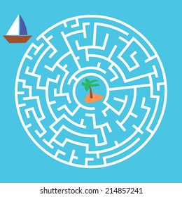 Maze Game. Boat Is Looking For Island. Vector Illustration.