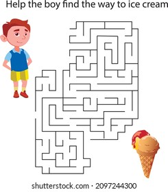 Maze game with boy. Cartoon labyrinth education puzzle. Find path for the boy. Vector kids activity worksheet.