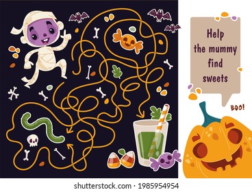 Maze game for boys. Help the mummy find sweets in the maze. Pumpkin says on the banner. Halloween Maze Walker game. Vector funny cartoon illustration. Developing task for preschoolers