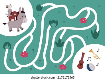 Maze Spiel mit Bremen Town Musicians. Helfen Sie Tieren, den richtigen Weg zu ihren Musikinstrumenten zu finden. Cute Cartoon kawaii Zeichen. Klassisches Märchen. Vektorgrafik.