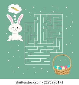Maze game, bunny with carrot and a basket of Easter eggs. Children's educational puzzle. Illustration, vector	
