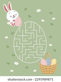 Maze game, bunny with an egg and a basket of Easter eggs. Children's educational puzzle. Illustration, vector	
