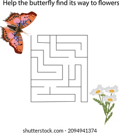Maze game with butterfly. Labyrinth. Help the butterfly find its way to flowers. Maze game for children. Vector illustration.