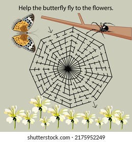 Maze game with butterfly and spider. Cartoon labyrinth education puzzle. Help the butterfly fly to the flowers Vector kids activity worksheet.