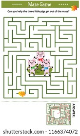 Maze game: Can you help the three little pigs get out of the maze? Answer included. 