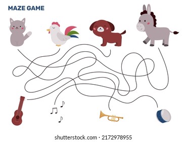 Maze game with cartoon characters from Bremen Town Musicians fairy tale. Help cat, rooster, dog and donkey find their musical instruments. Educational labyrinth. Kawaii vector illustration.