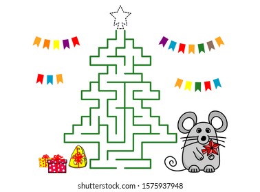 Maze game with cartoon mouse and fir-tree. Kids education art game. Color template design with pet on white background. Outline vector