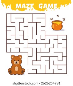 Maze game with cheerful cartoon brown little bear, a pot with honey and bees, easy game for children