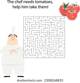 Maze game with chef. Cartoon labyrinth education puzzle. Help chef needs tomatoes, help him take them. Vector kids activity worksheet.