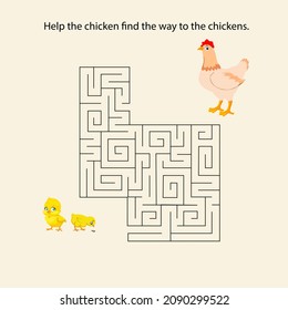 Maze Spiel mit Huhn. Labyrinth. Hilf dem Huhn, den Weg zu den Hühnern zu finden. Maze-Spiel für Kinder. Vektorgrafik.