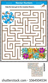 Maze game for children with bees the nectar hunters: Help the bees get to the meadow flowers. Answer included. 