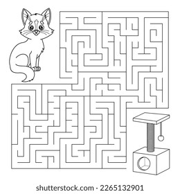 Maze game for children with cartoon cat. Find the right path logic quest. Education labyrinth puzzle for preschool and school kids. Contour of kitten and scratcher. Coloring page. Vector illustration.