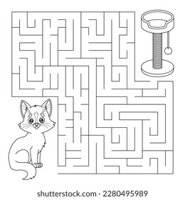 Maze game for children with cartoon cat and cat scratcher. Outline Labyrinth puzzle. Education worksheet for preschool and school kids. Coloring page. Isolated vector illustration on white background.