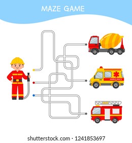 Maze game for children. Cartoon illustration of fireman and cars.