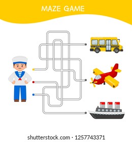 Maze game for children.  Cartoon illustration of a sailor and transport.