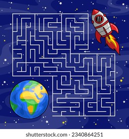 Maze game for children. Colorful Labyrinth puzzle. Help the cartoon spaceship find way to the planet Earth in space. Star background. Worksheet for preschool and school kids. Vector illustration.