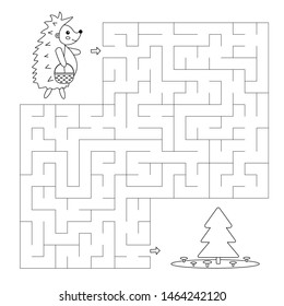 Maze game for children. Coloring page or book. Help the hedgehog find right way to mushrooms. Woodland animals.