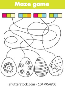 Maze game for children. Connect colors and eggs. Easter Coloring page for kids and toddlers