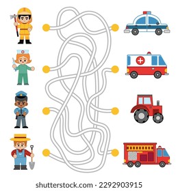 Juego de Maze para niños, conecta a la gente profesional con su transporte. Viñeta de personajes y coches. Enfermera con jeringa, agricultor con pala, oficial de policía, bombero con hacha