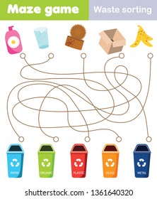 Maze game for children. Connect waste and trash bin. Waste sorting theme activity for toddlers and kids.