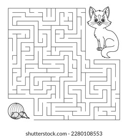 Maze game for children. Contour Labyrinth puzzle. Help the cartoon kitten find way to the cat toy. Education logic task for kindergarten and school kids. Coloring page. Isolated vector illustration.