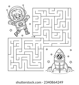 Maze game for children. Contour Labyrinth puzzle for kids. Help the cartoon boy astronaut find way to the spacecraft in space. Worksheet for preschool and school education. Coloring page. Vector.