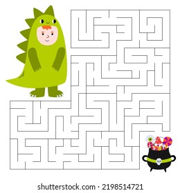 Juego de Maze para niños. Un chico lindo con un dinosaurio disfrazado buscando un camino hacia el caldero de brujas con dulces. Juego educativo infantil.